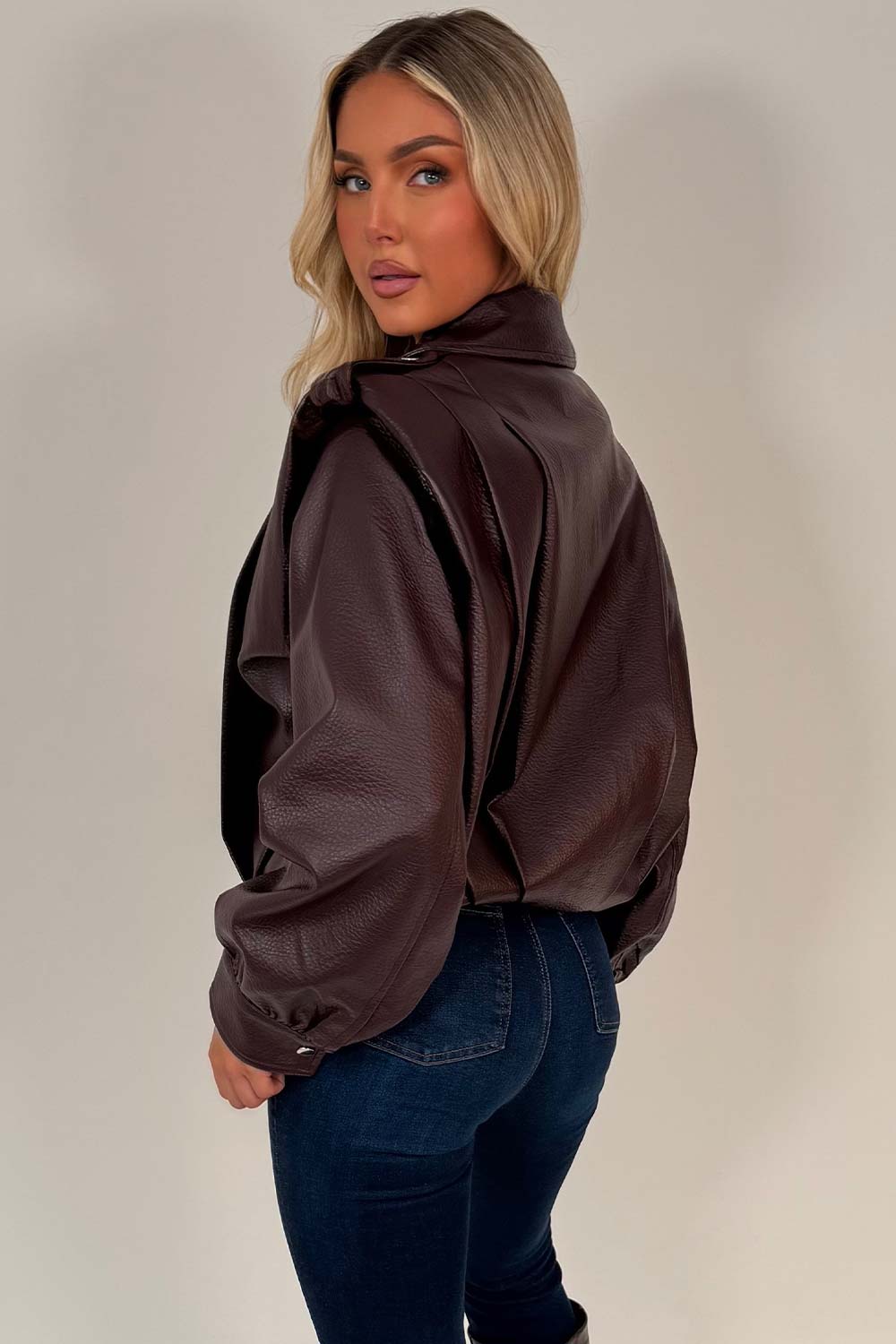womens funnel neck faux leather jacket with shoulder tabs styledup uk