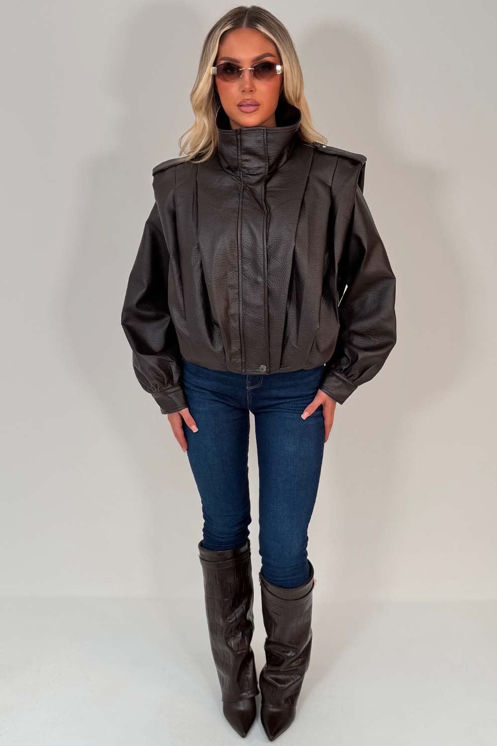 womens brown faux leather jacket with shoulder tabs styledup uk