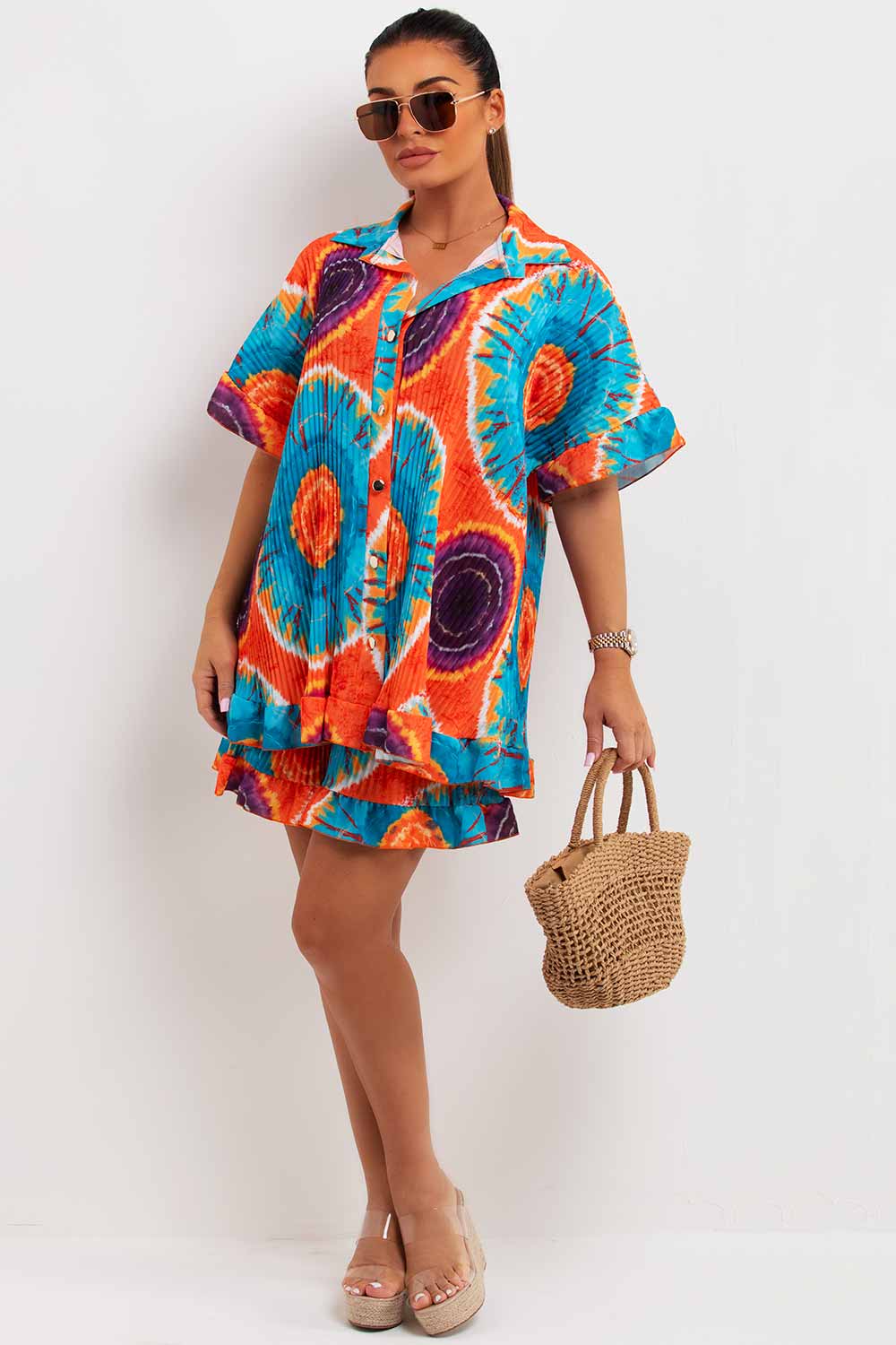 plisse button front frill hem shirt and shorts co ord set pleated