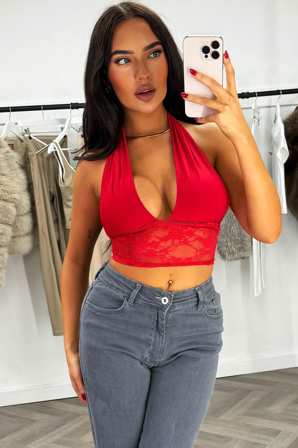 plunge halter neck crop top with lace hem styledup