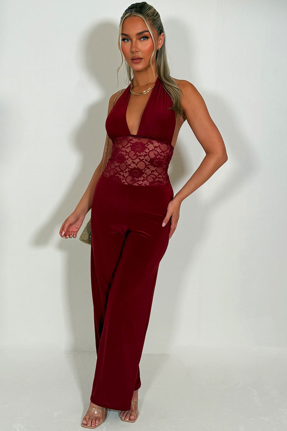 backless halter plunge neck wide leg christmas jumpsuit styled up