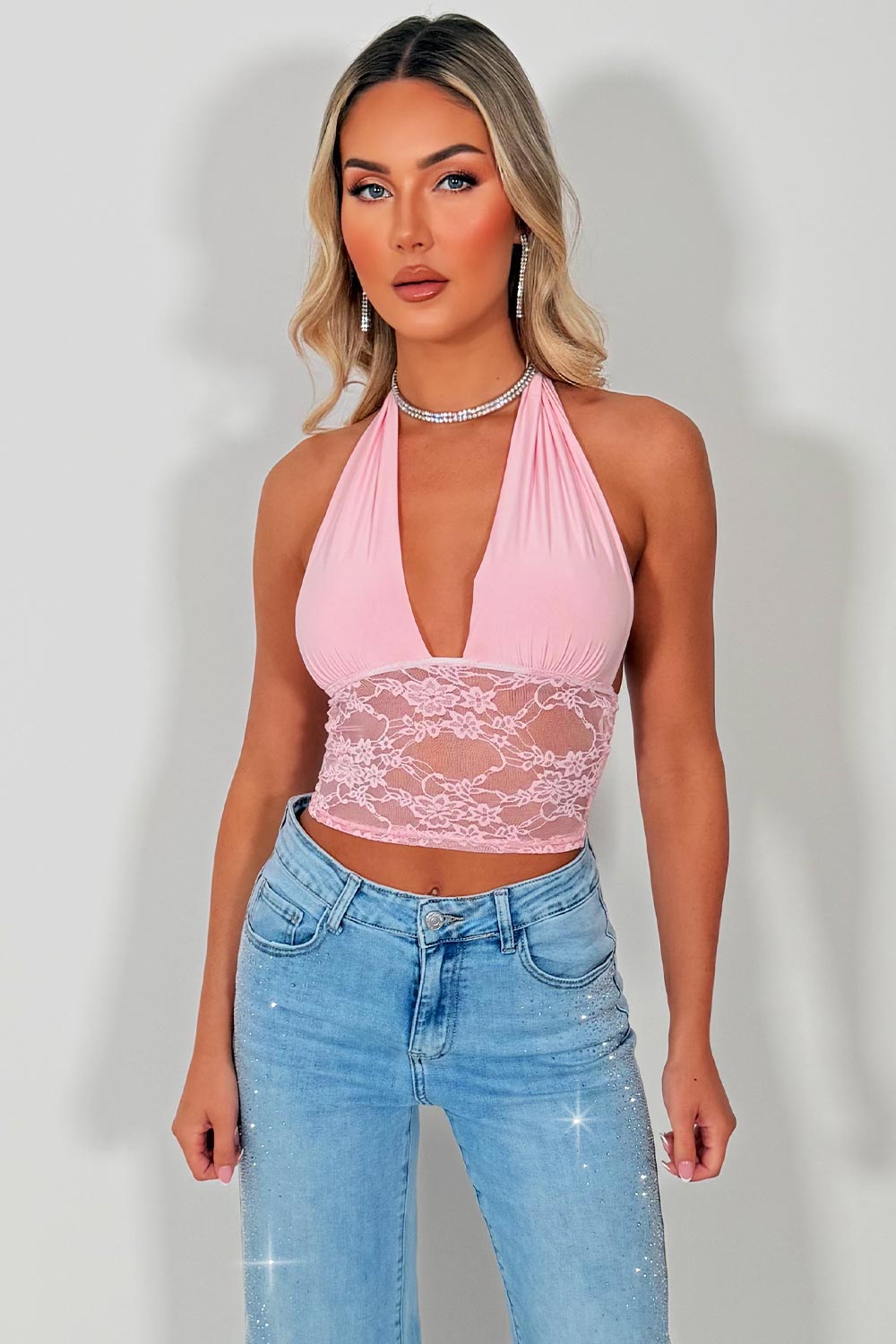 halter plunge neck crop top with lace hem styledup