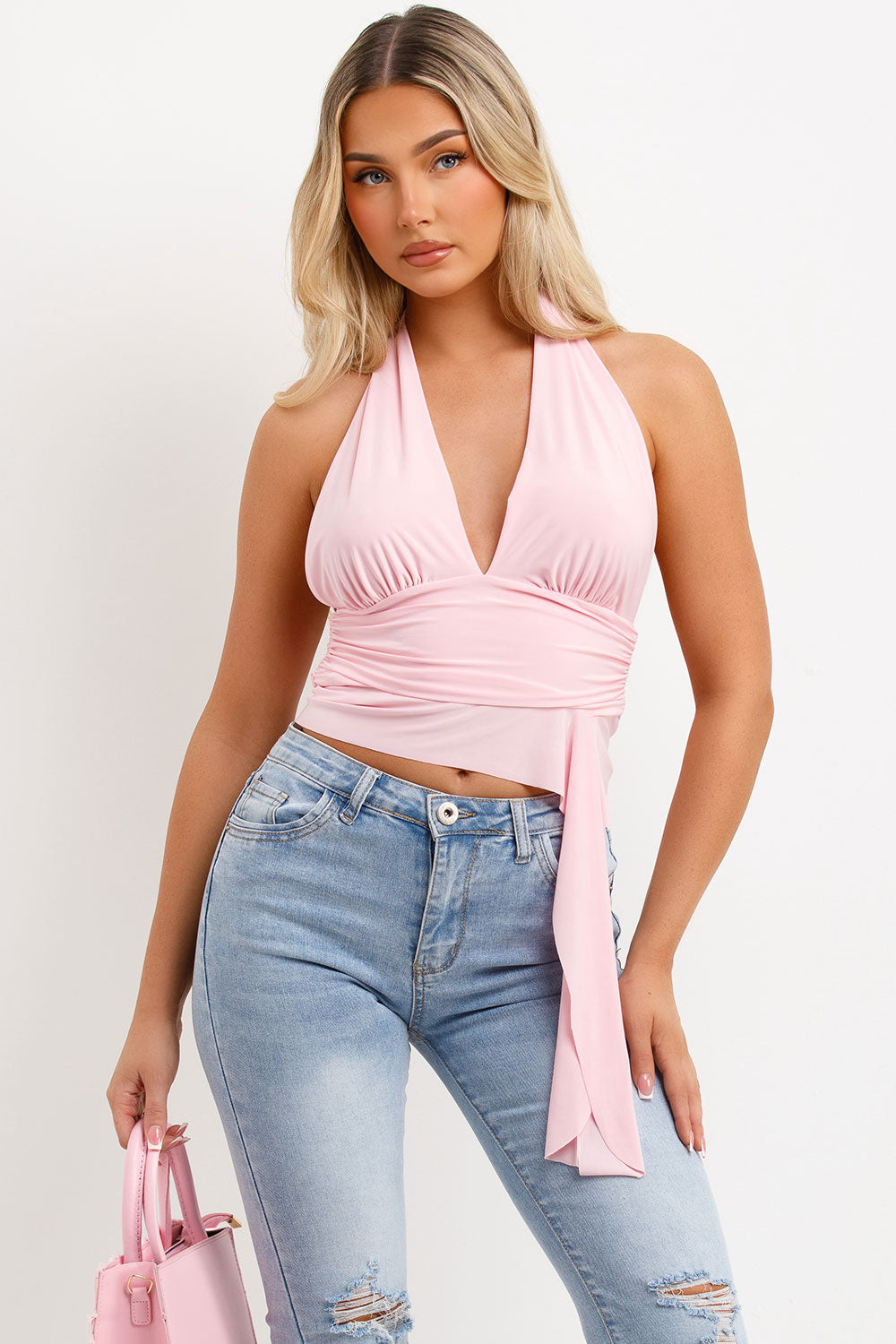 womens halter neck top with drape detail and backless