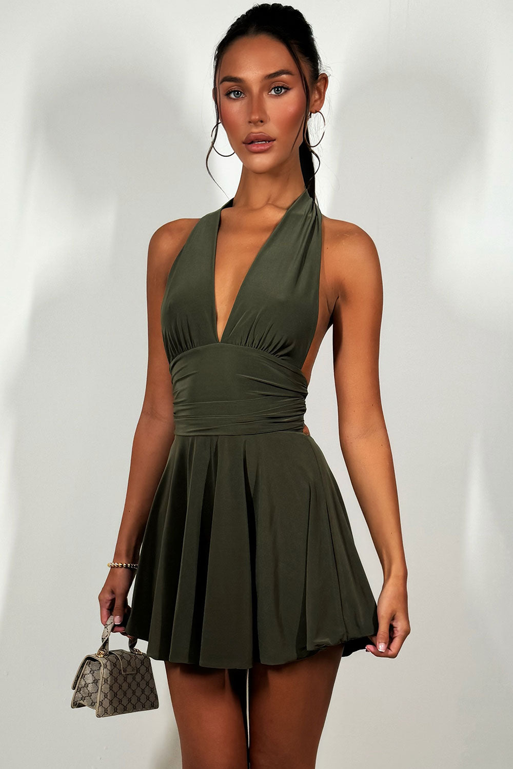 plunge halter neck mini dress with open back