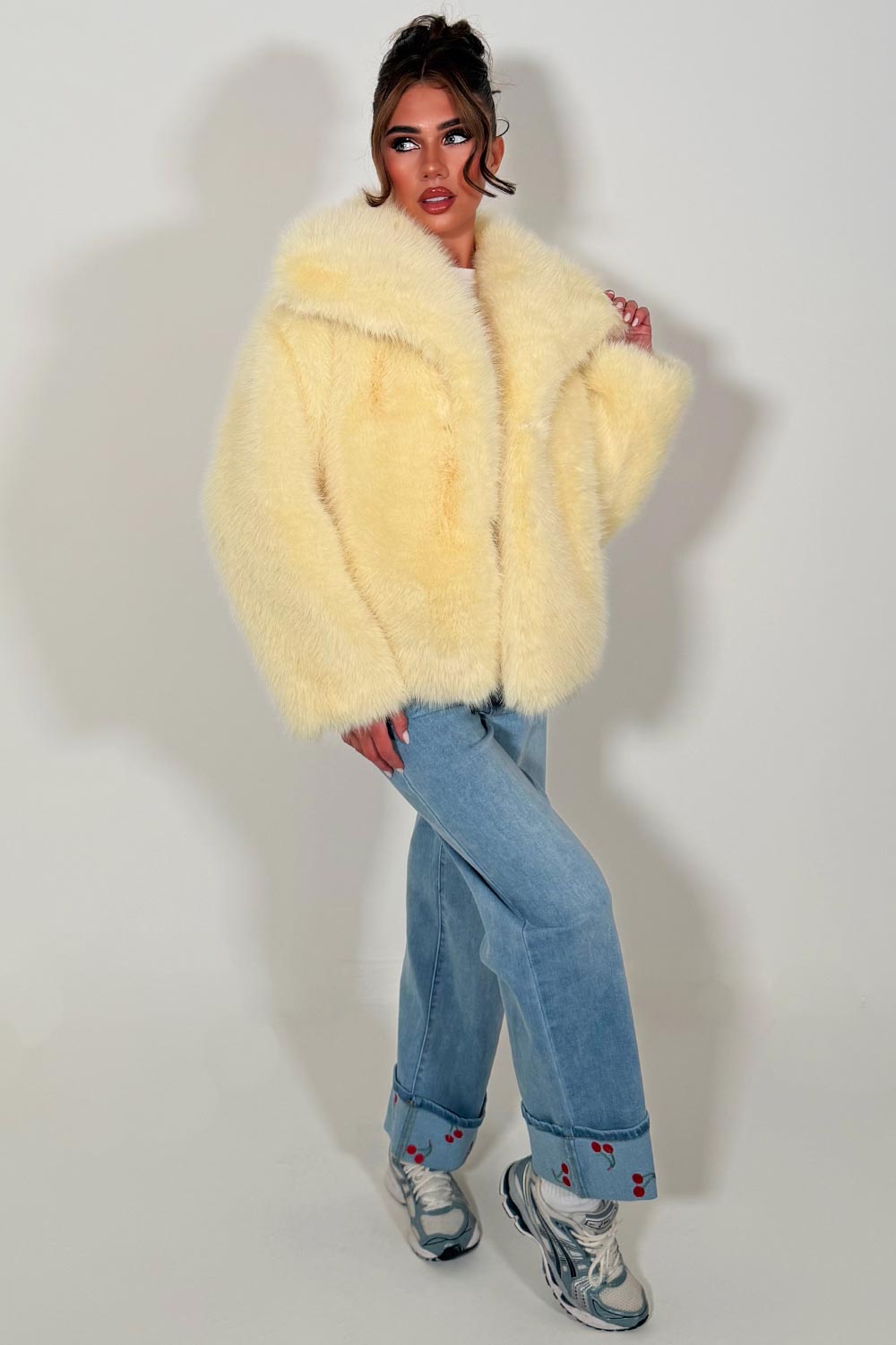 womens yellow fur jacket with collars styledup
