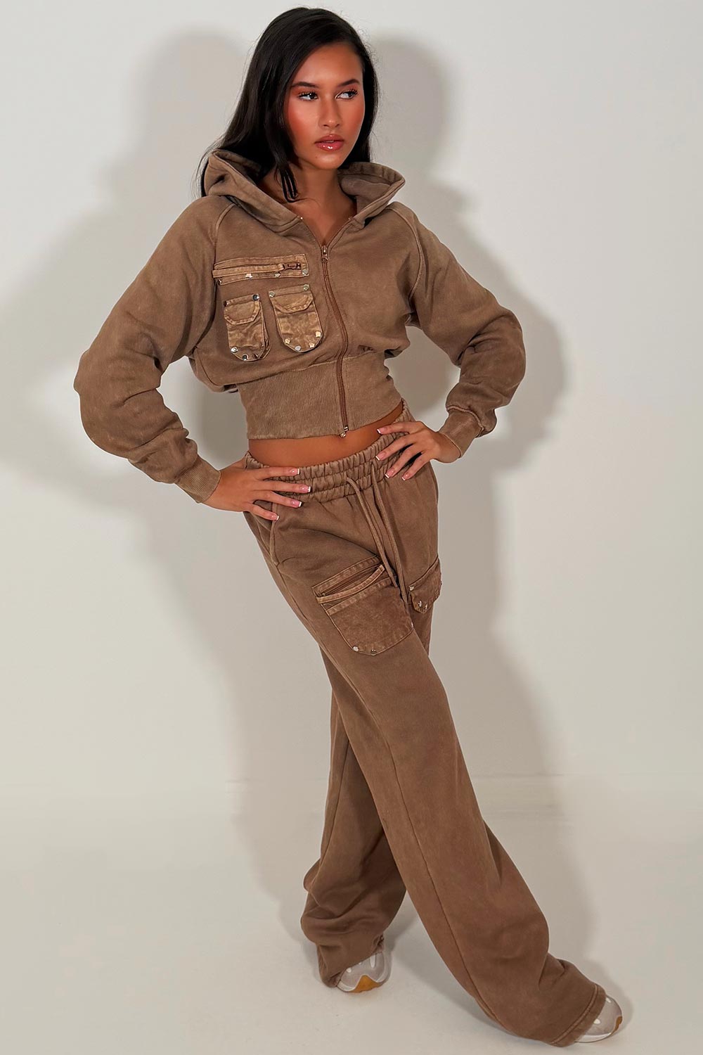 crop zip through hoodie and wide leg joggers tracksuit set styledup
