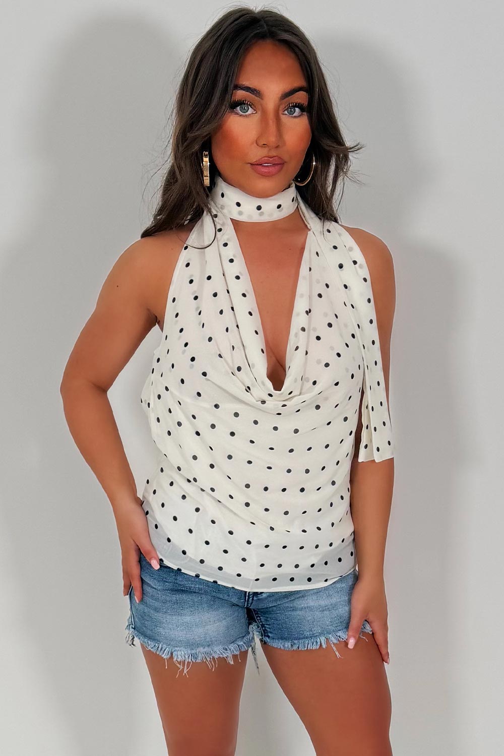 white cowl halter neck backless top polka dot print styledup