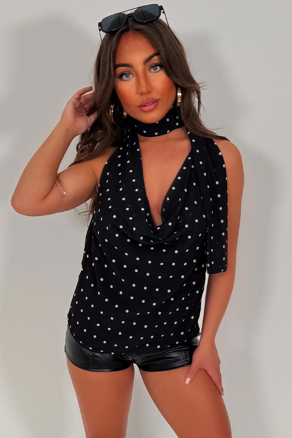 cowl halter neck backless polka dot top styledup whitefox uk