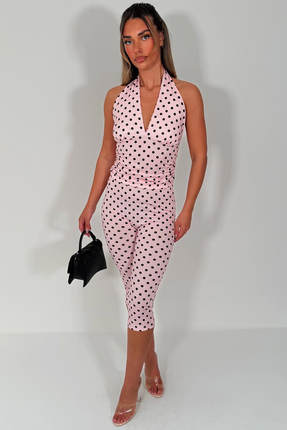 polka dot halter neck backless top and capri pants two piece co ord set going out party festival outfit styledup uk white fox