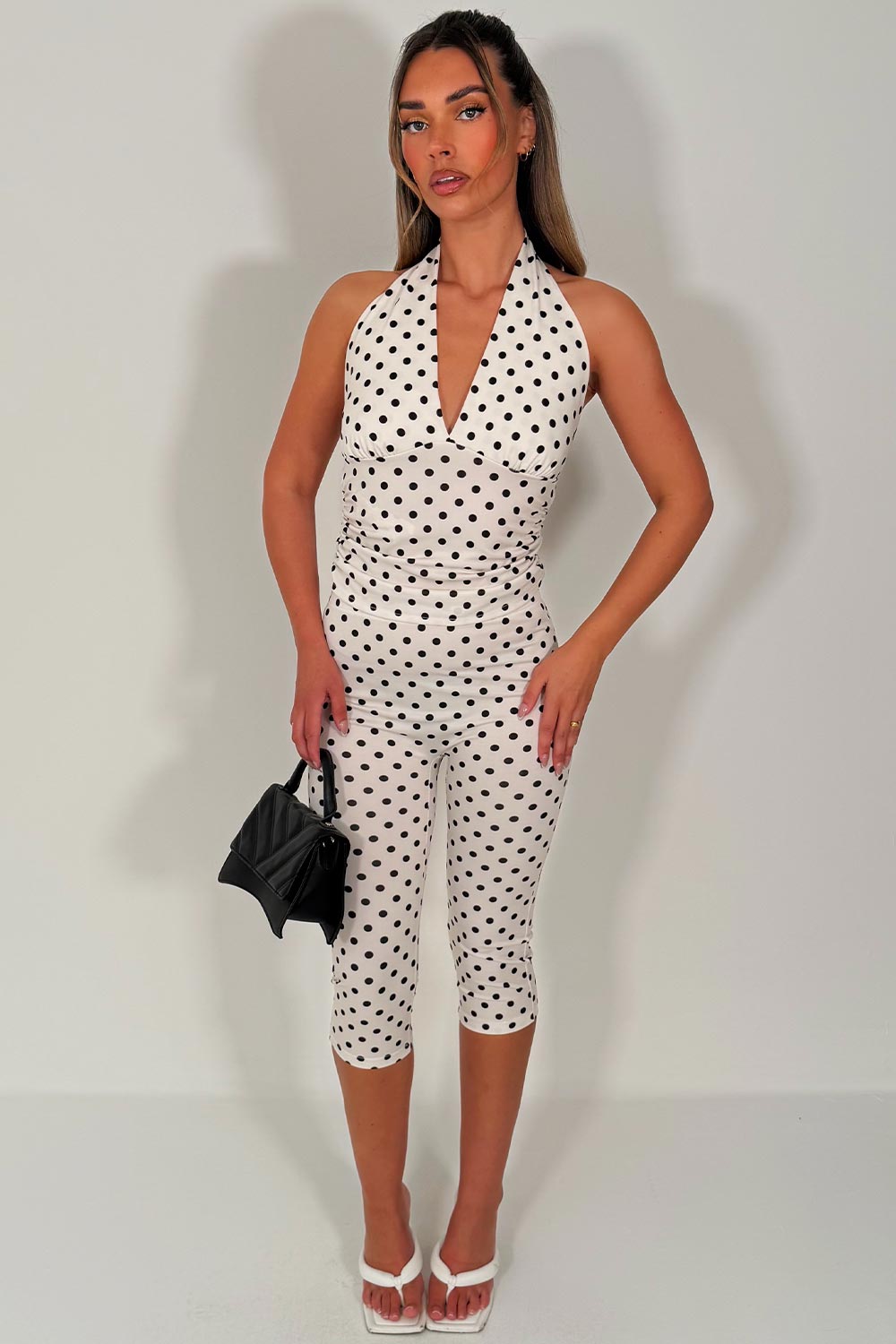 polka dot halter neck backless top and capri pants two piece co ord set going out party festival outfit styledup uk white fox
