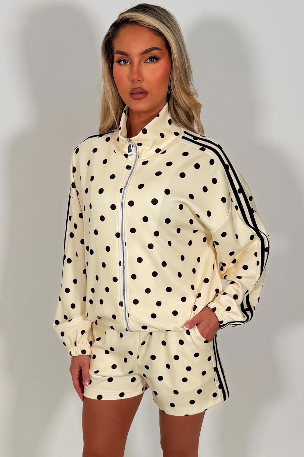 womens polka dot shorts and track jacket adidas co ord set uk sale styledup