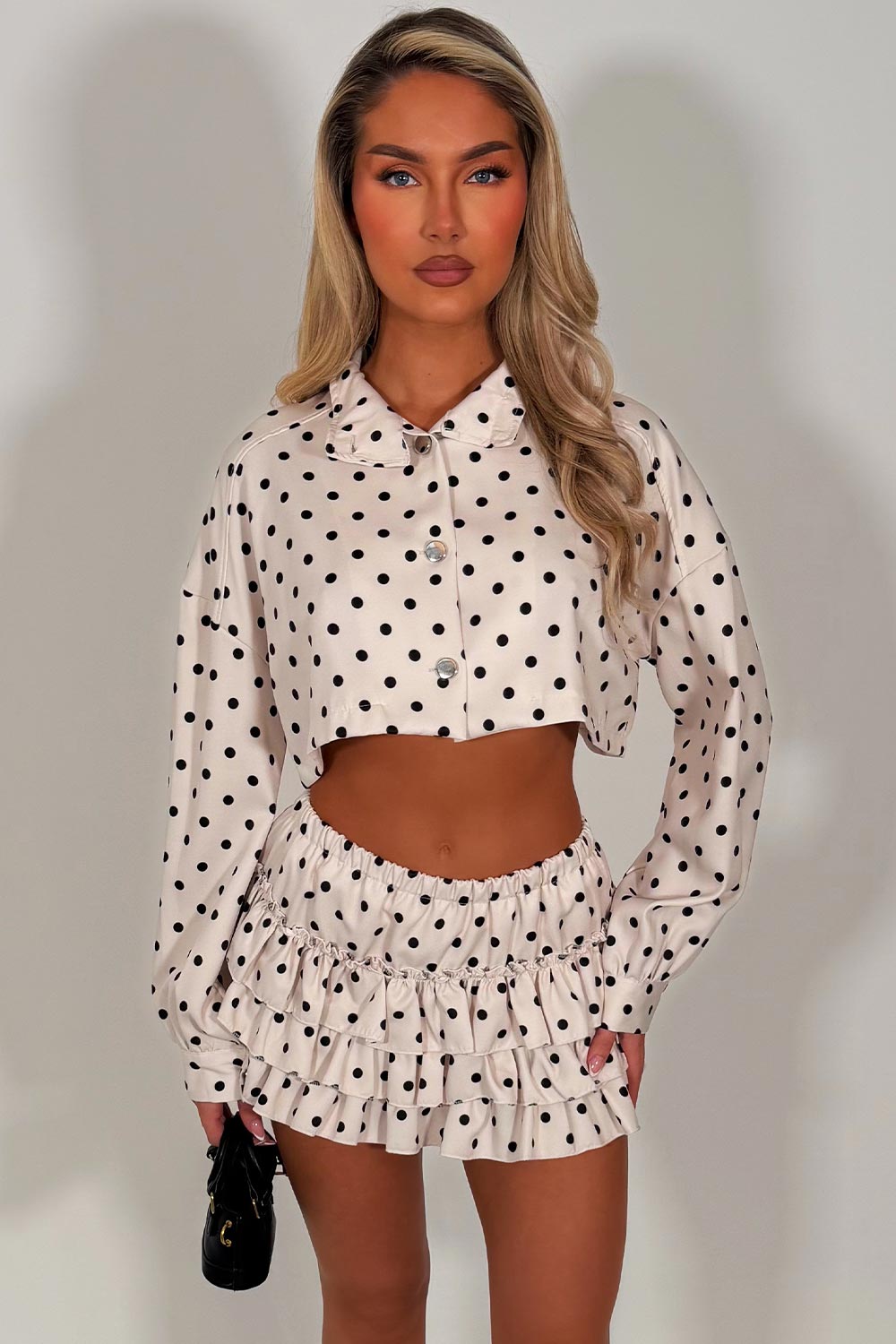 polka dot crop jacket and ruffle frilly skort two piece outfit set going out festival rave outfit