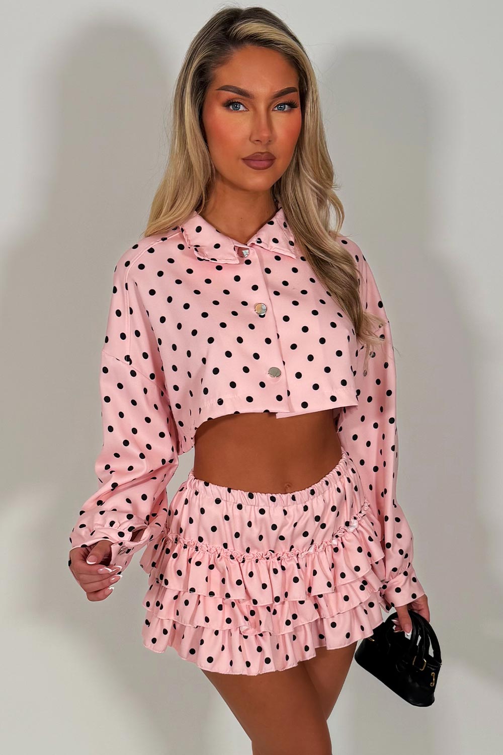 polka dot crop jacket and ruffle frilly skort two piece outfit set going out festival rave outfit