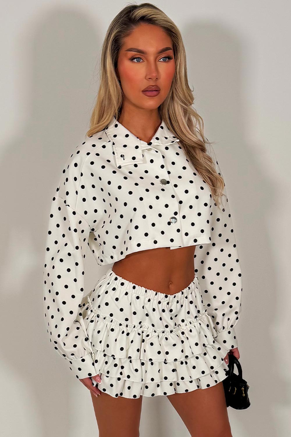 polka dot crop jacket and ruffle frilly skort two piece outfit set going out festival rave outfit