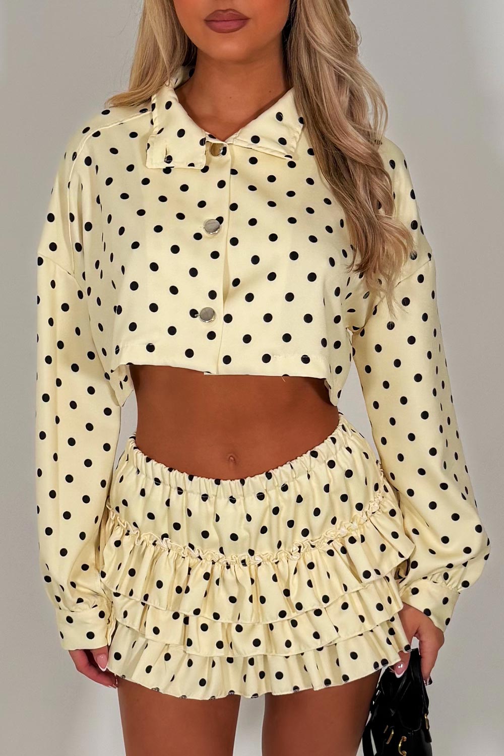 polka dot crop jacket and ruffle frilly skort two piece outfit set going out festival rave outfit