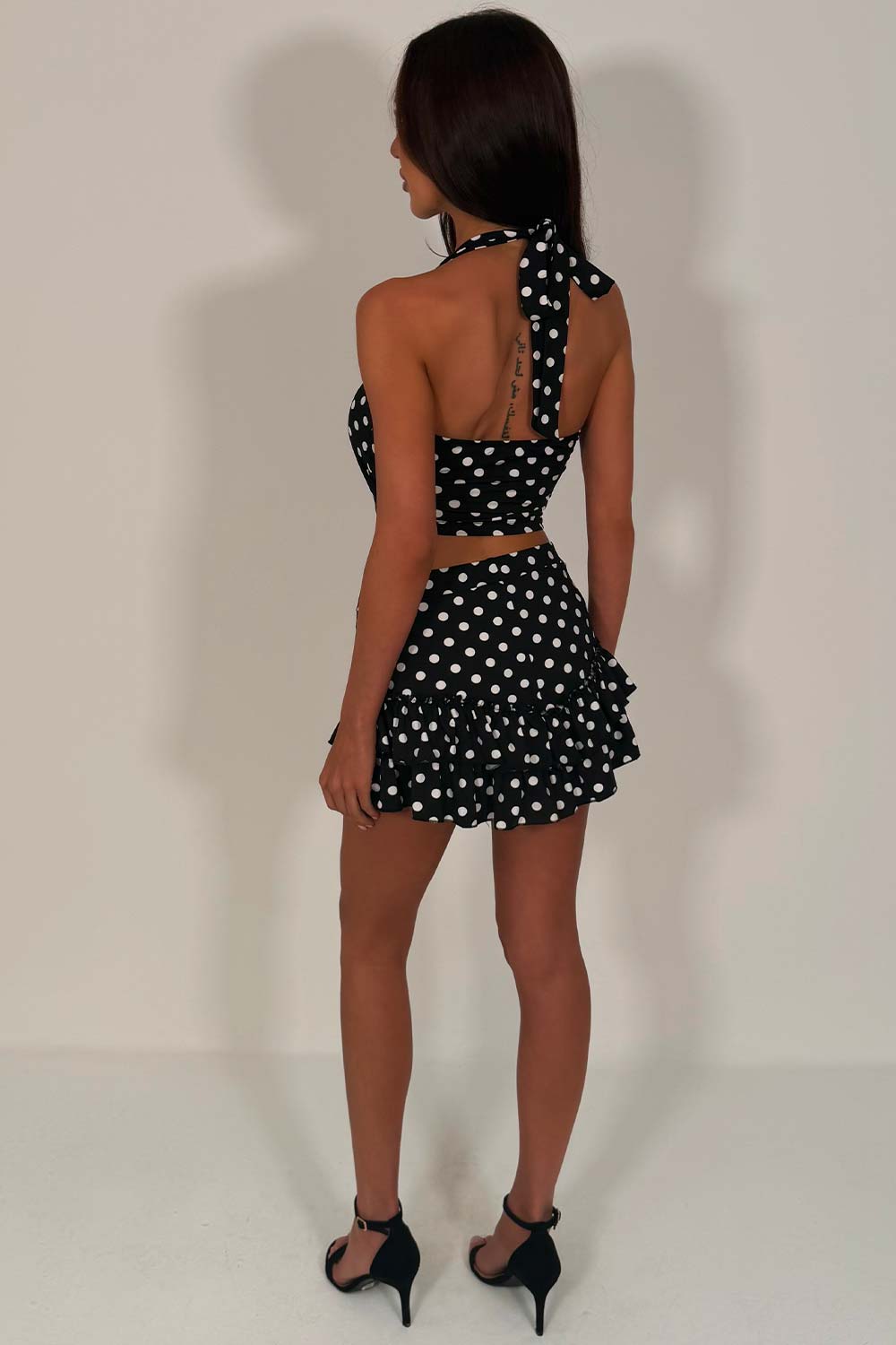 polka dot bloomer shorts and crop halter neck top two piece outfit set summer festival outfit styledup whitefox uk