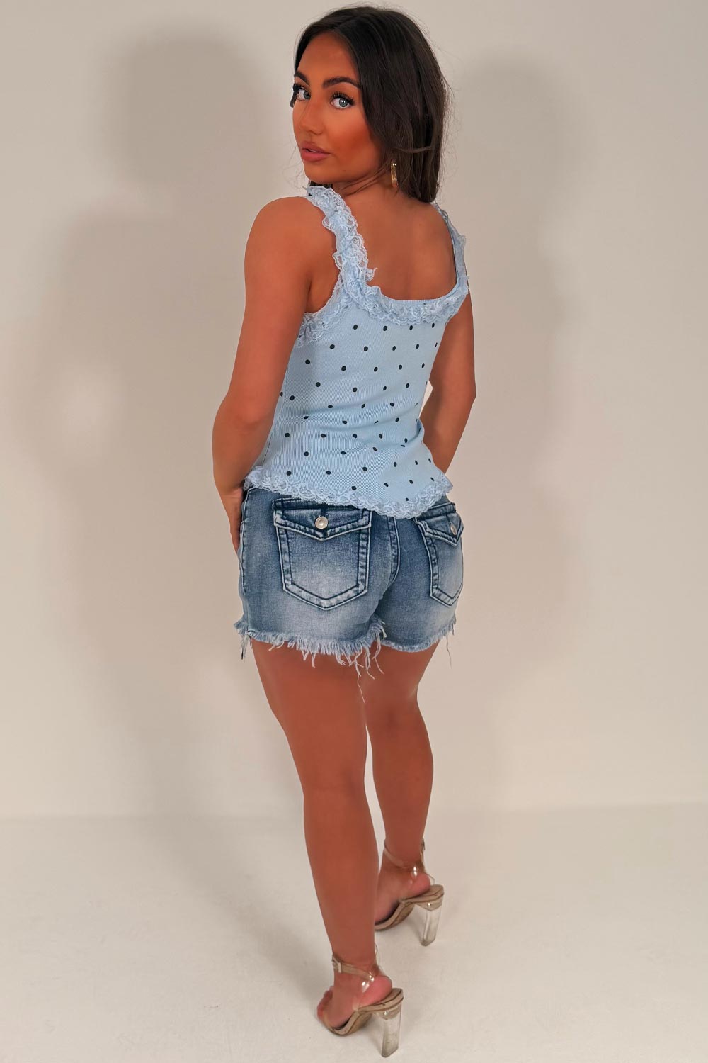 polka dot top with lace trim and gold buttons going out summer festival outfit styledup white fox uk