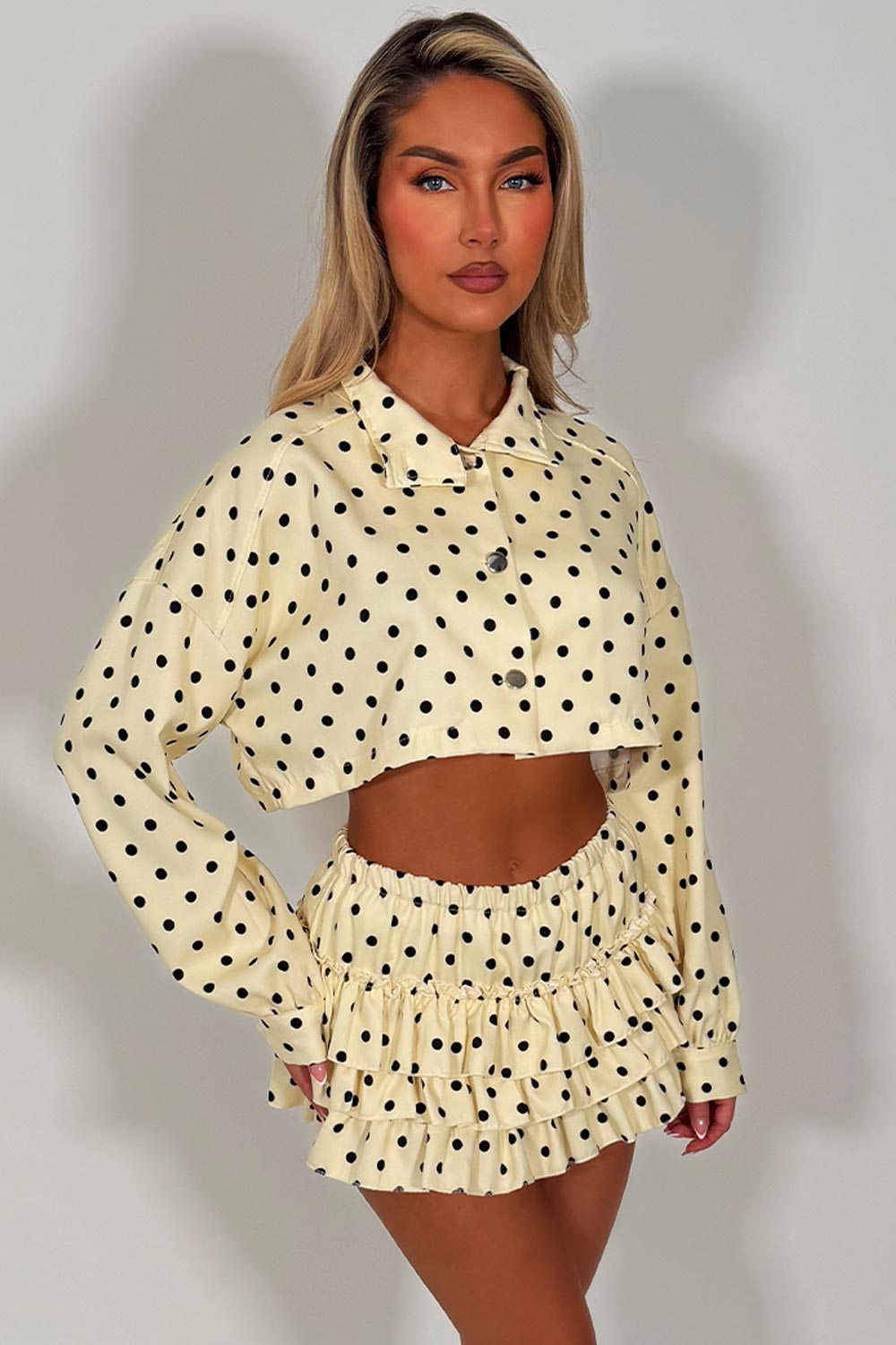 polka dot skort and crop jacket co ord set festival summer holiday outfit styledup