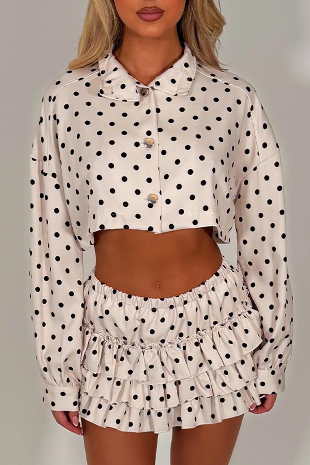 polka dot long sleeve crop jacket and ruffle frilly skort two piece outift co ord set going out festival outfit styledup fashion