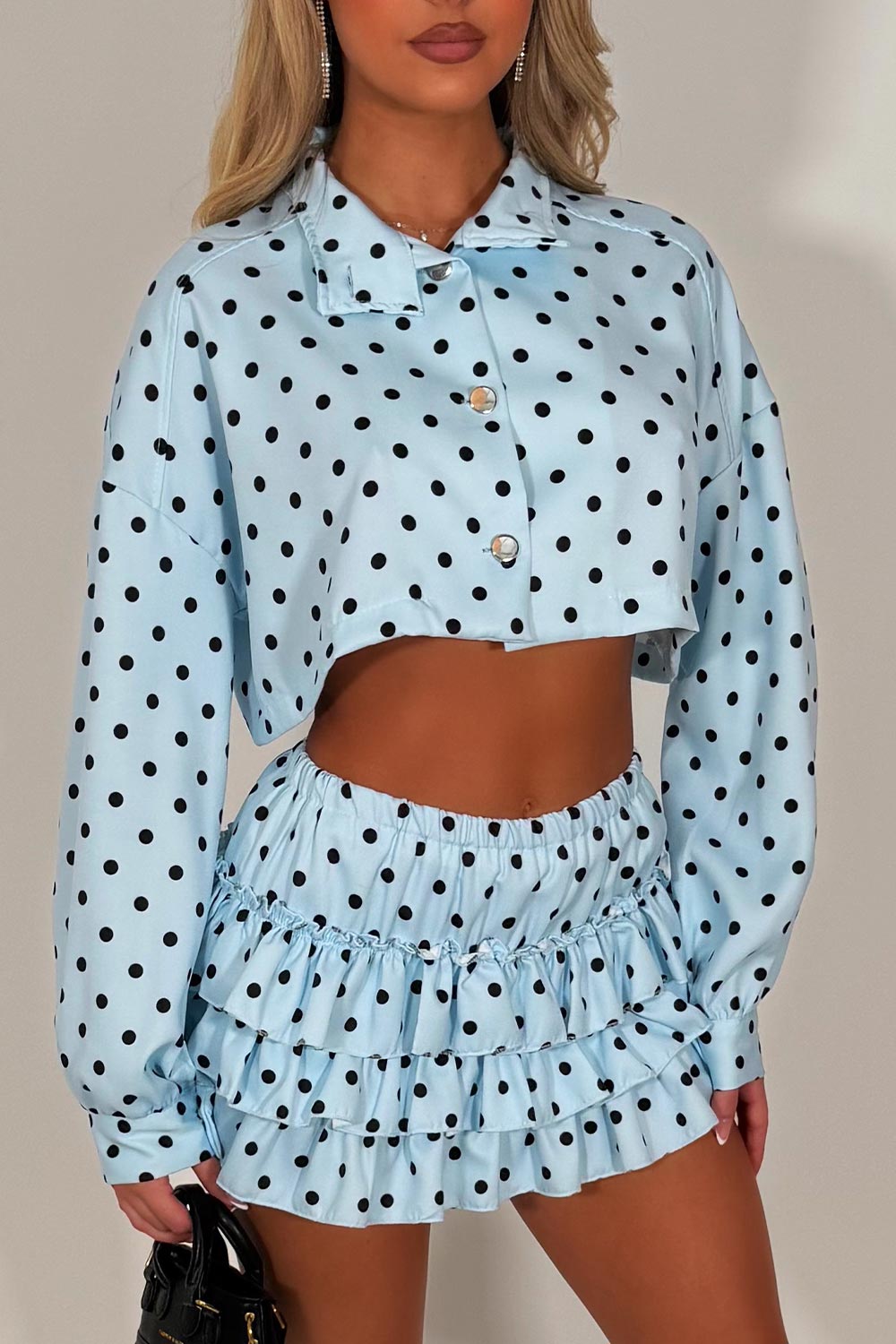 polka dot crop jacket and ruffle frilly skort two piece outfit set going out festival rave outfit