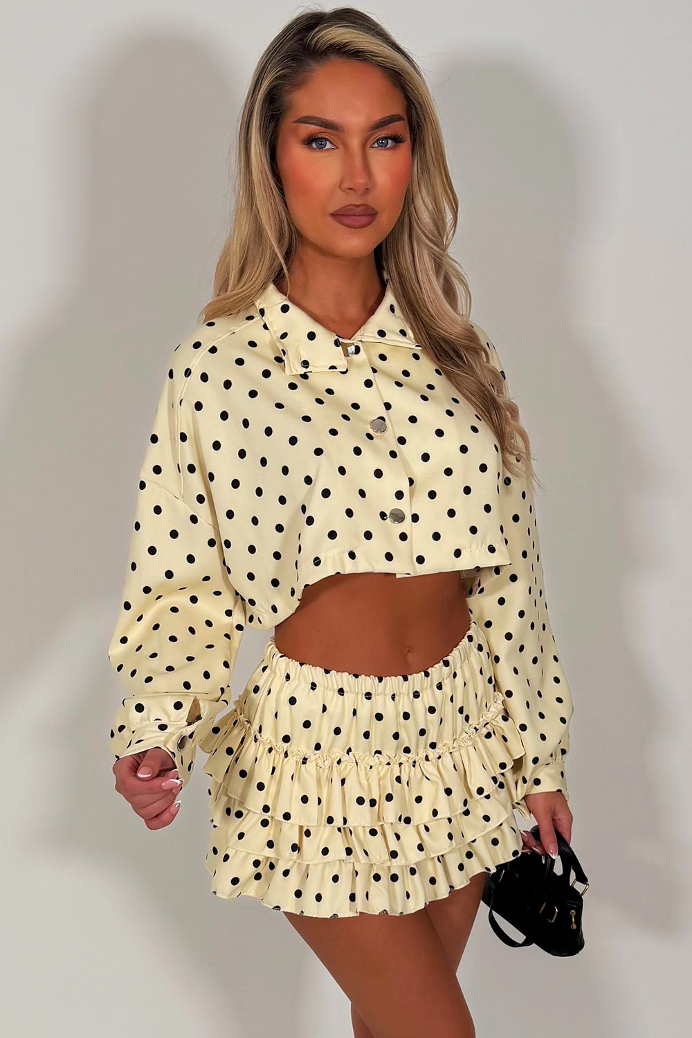 polka dot long sleeve crop jacket and ruffle frilly skort two piece outift co ord set going out festival outfit styledup fashion