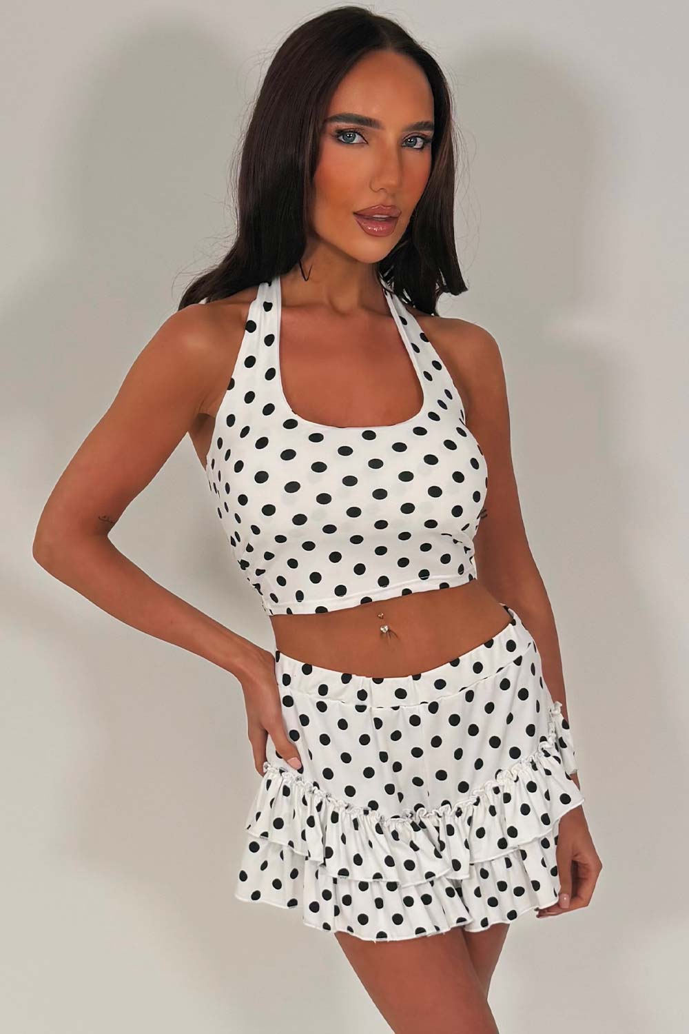 polka dot ruffle frilly skort and crop top co ord set summer festival outfit styledup whitefox uk