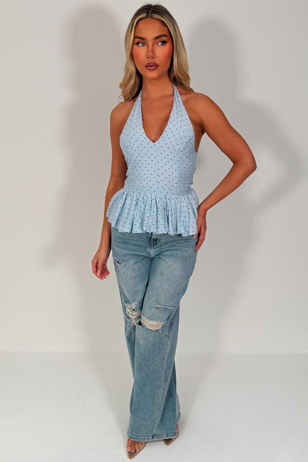 halter neck polka dot top black white fox styledup uk