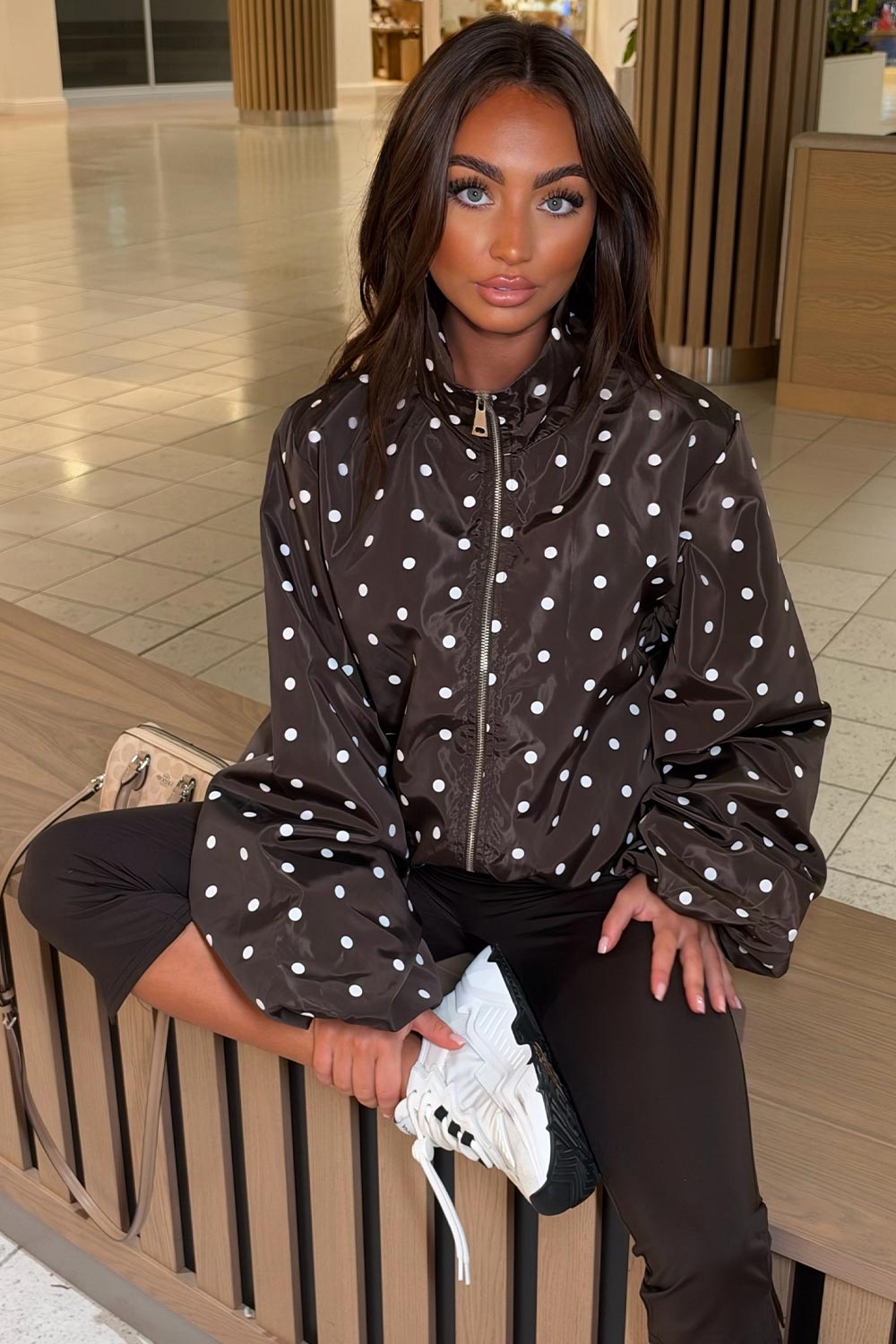 brown funnel neck polka dot print festival jacket styledup uk