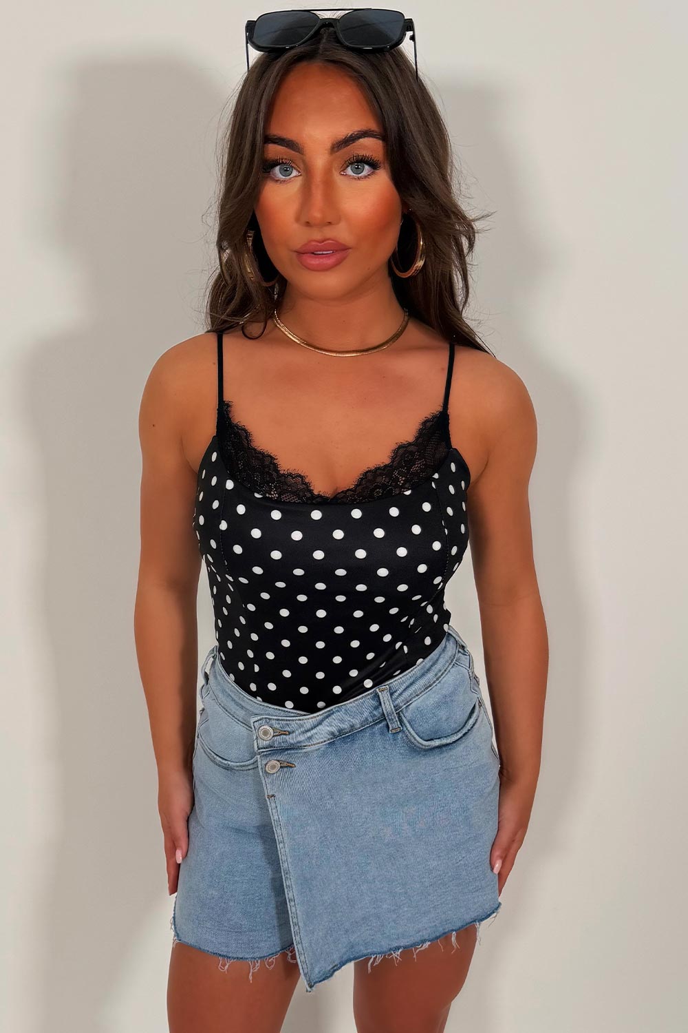 lace trim polka dot top going out top styledup whitefox