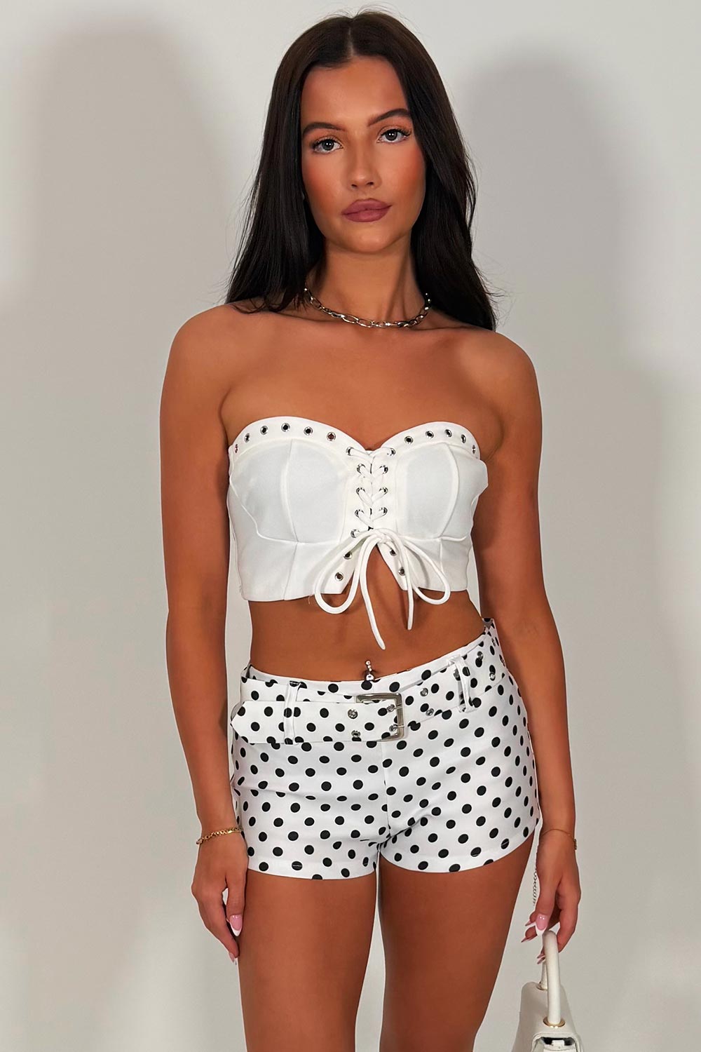 white polka dot belted shorts low rise styledup white fox uk