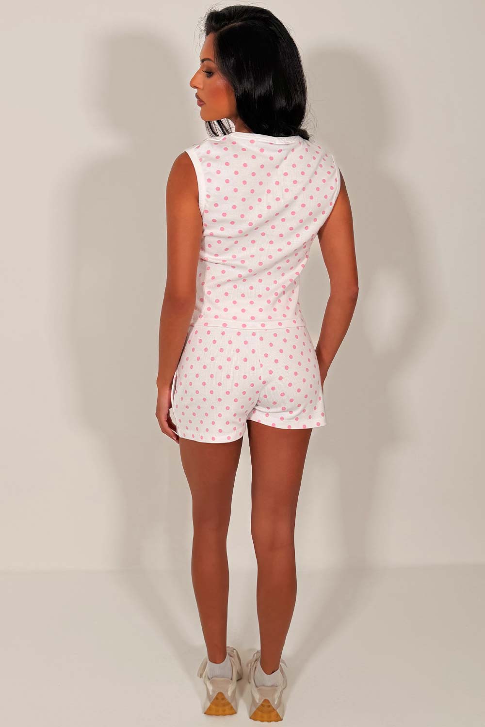 polka dot shorts and button up top summer lounge set crop tracksuit airport outfit styledup