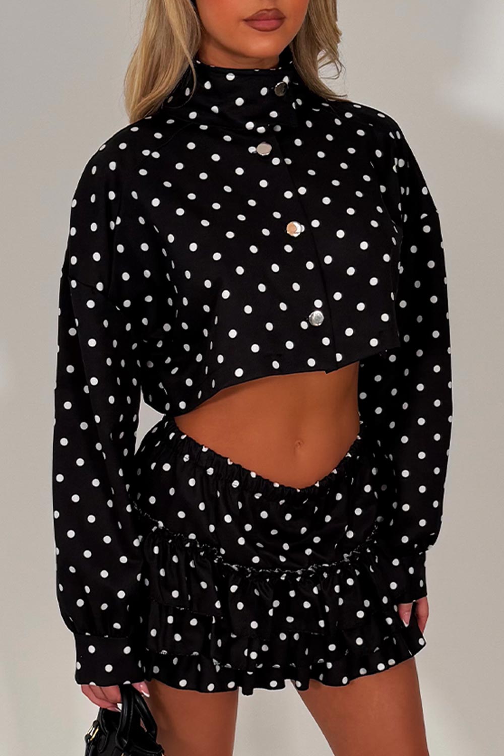polka dot long sleeve crop jacket and ruffle frilly skort two piece outift co ord set going out festival outfit styledup fashion