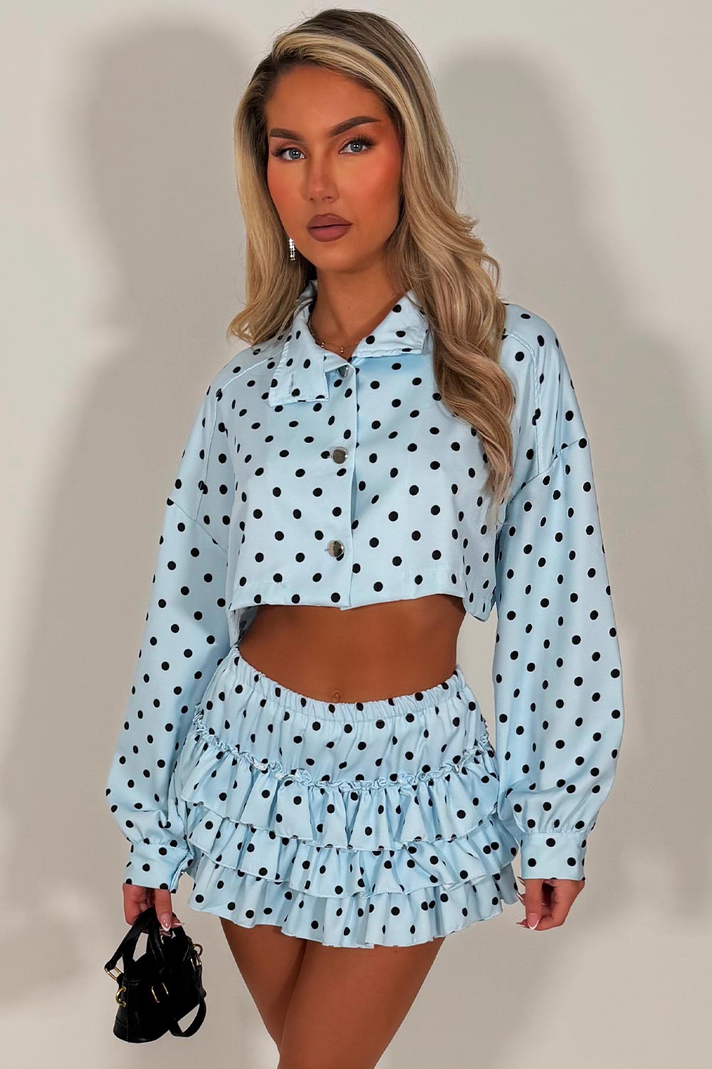 polka dot long sleeve crop jacket and ruffle frilly skort two piece outift co ord set going out festival outfit styledup fashion