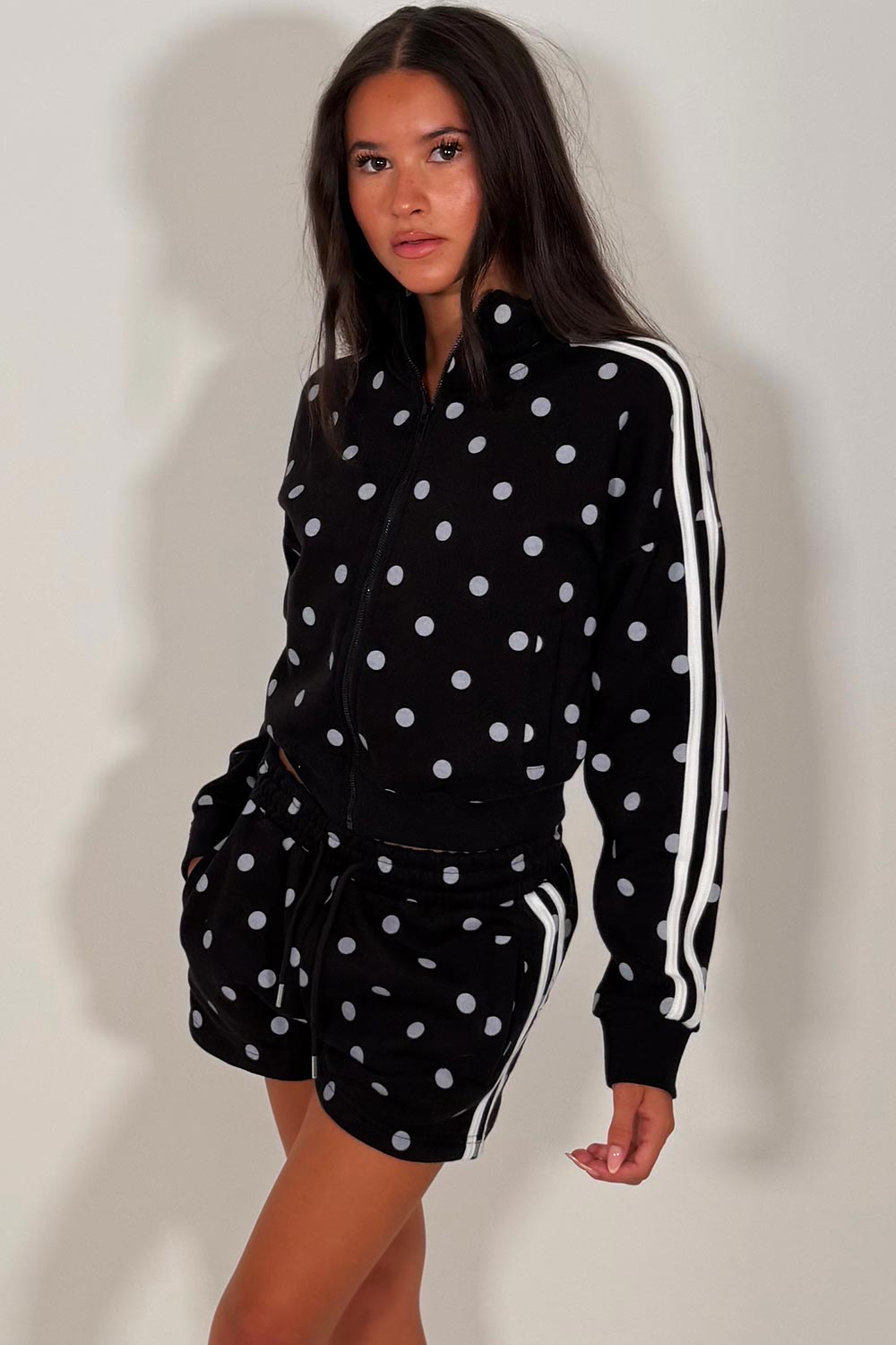 polka dot print side stripe funnel neck zip up sweatshirt and shorts two piece co ord set summer holiday tracksuit styledup uk