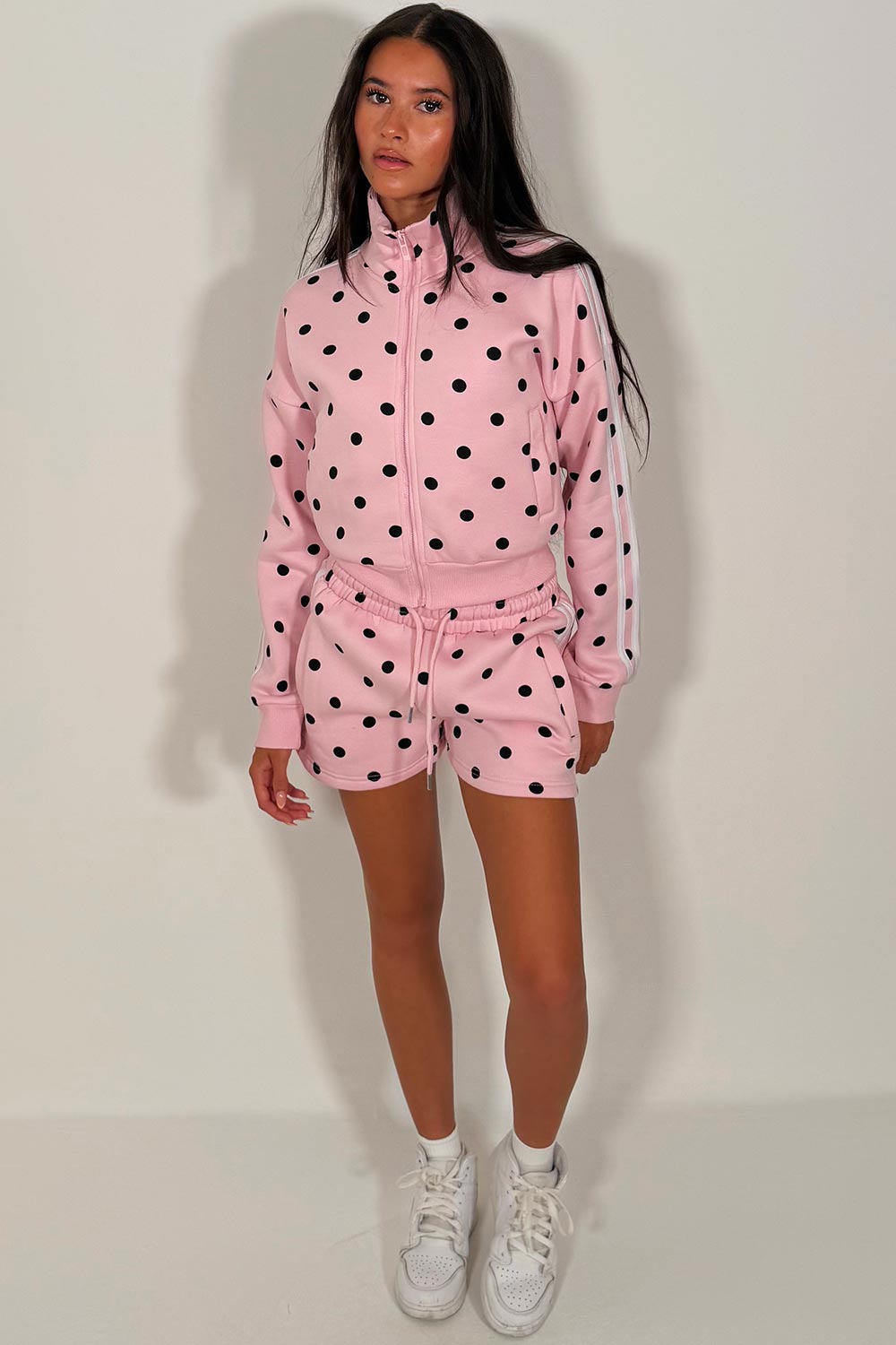 polka dot side stripe funnel neck zip up top and shorts two piece co ord set styledup short tracksuit womens styledup uk
