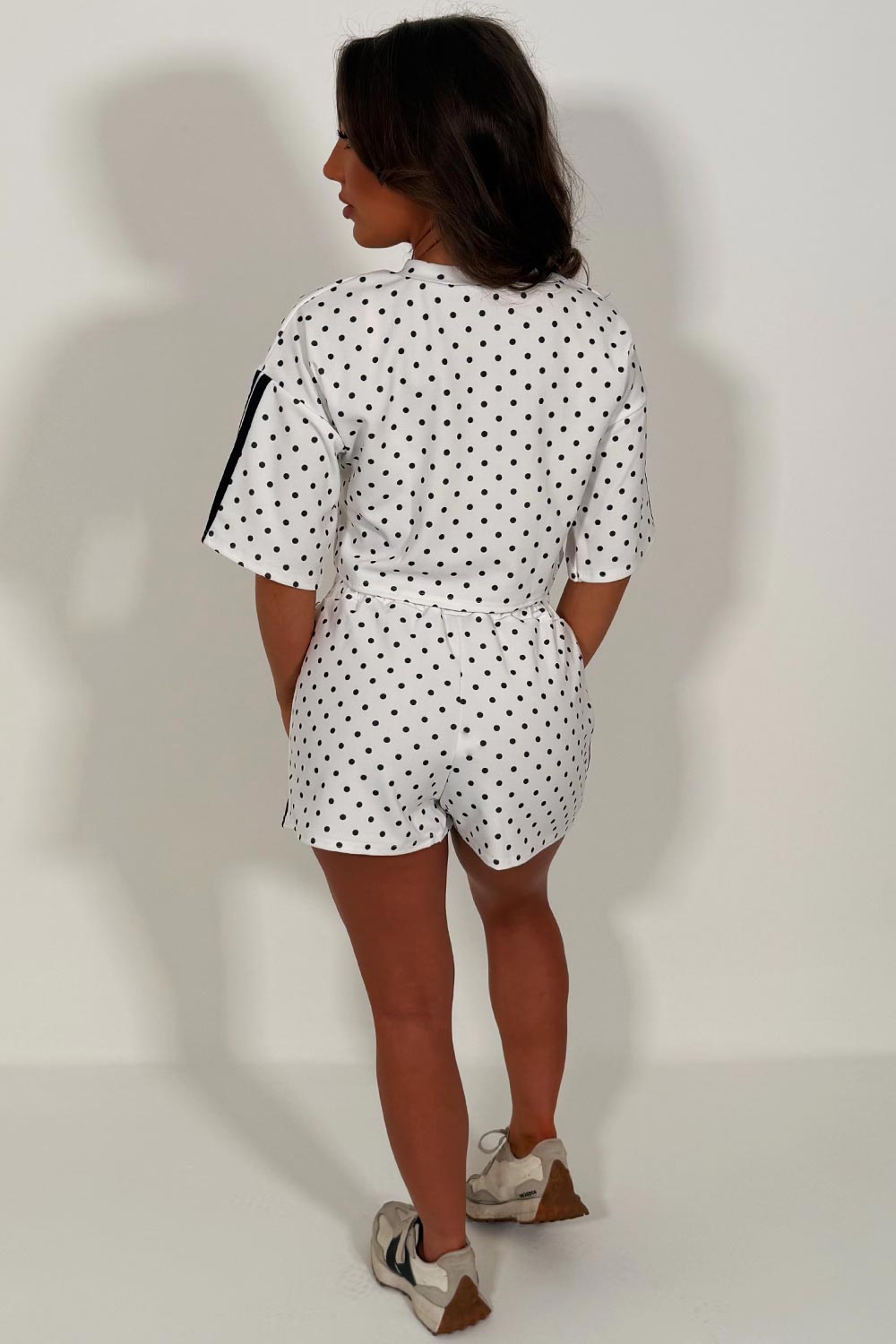 womens polka dot shorts tracksuit airport outfit for holidays styledup white fox uk