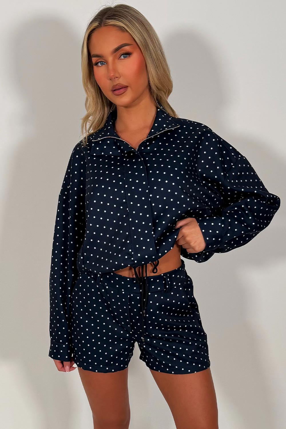 womens polka dot jacket and shorts two piece co ord set styledup uk