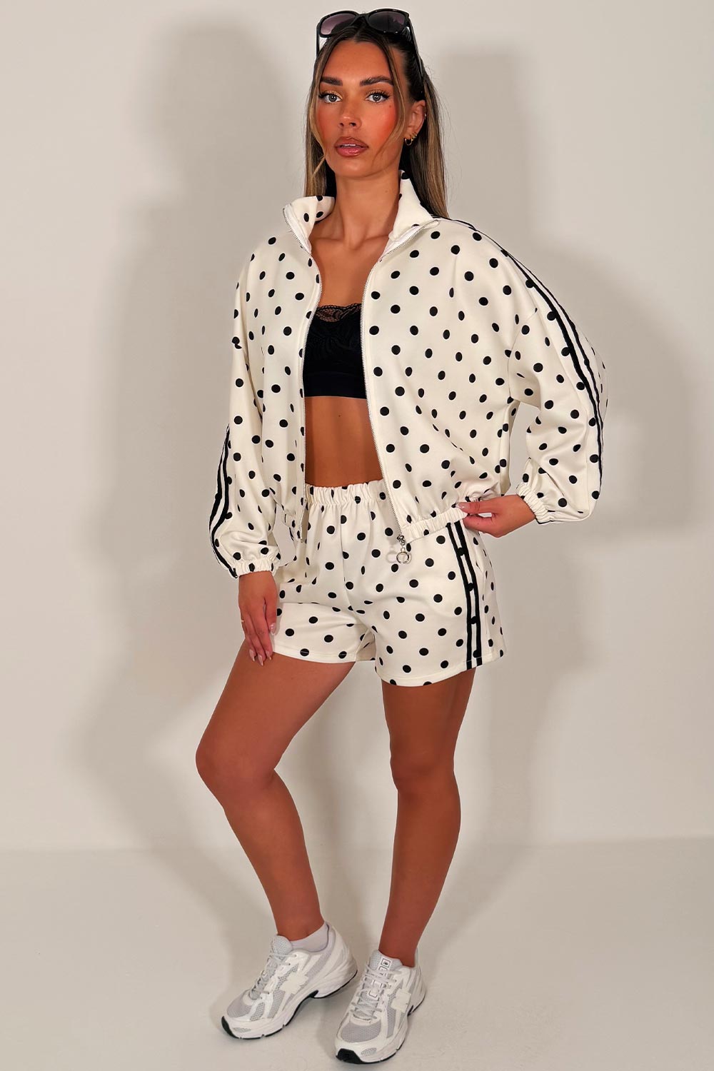 womens polka dot track jacket and shorts two piece co ord set styledup fashion uk