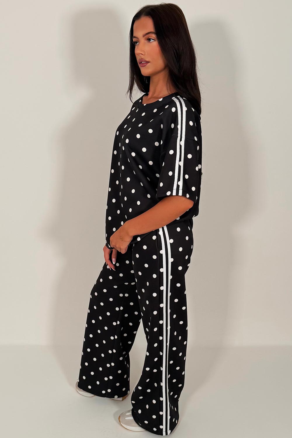 womens polka dot top and wide leg trousers with side stripe two piece co ord set airport outfit uk