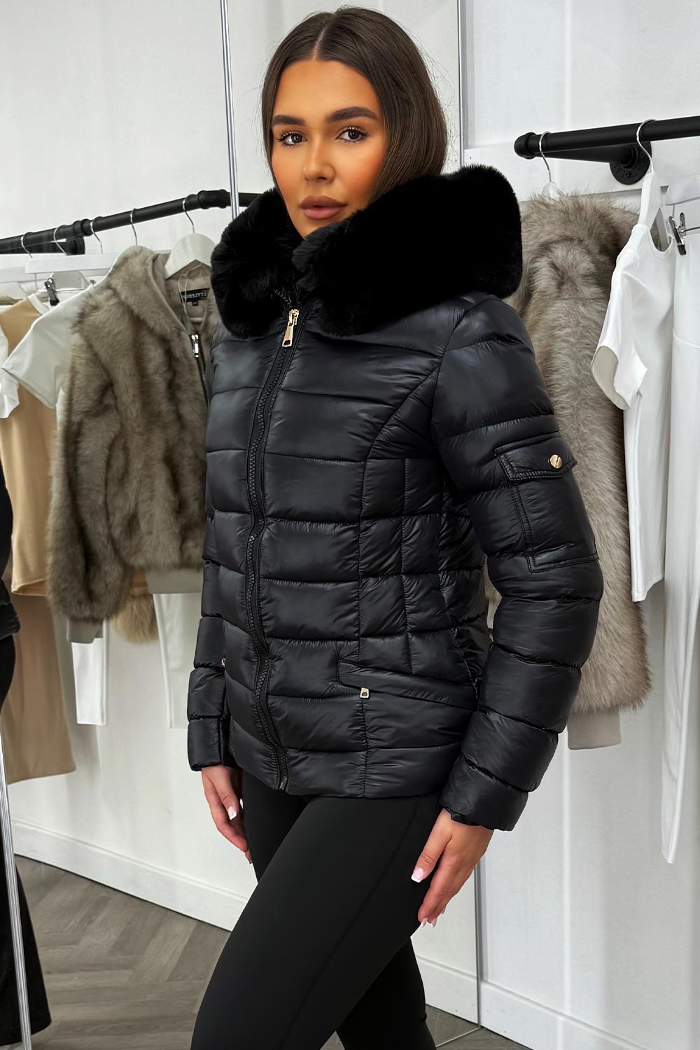 womens black shiny puffer jacket with fur hood styledup