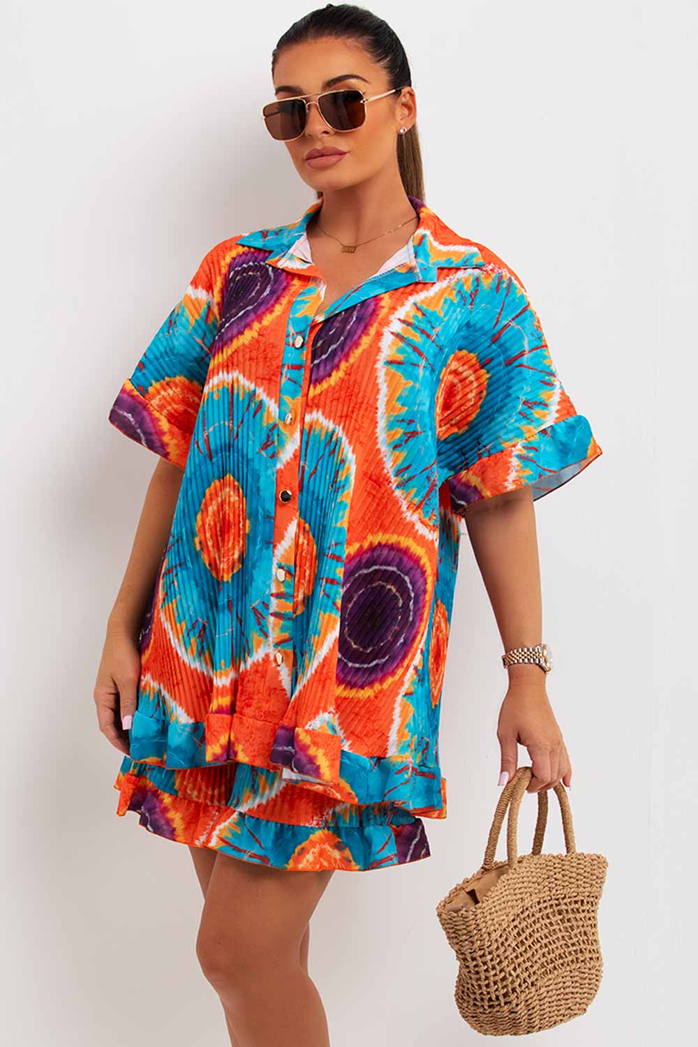 plisse frill hem shirt and shorts co ord set womens