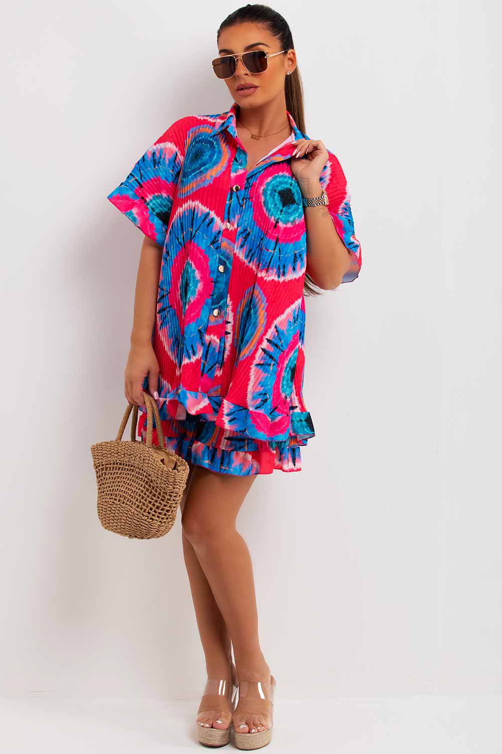 plisse oversized button front frill ruffle hem shirt and shorts co ord set womens