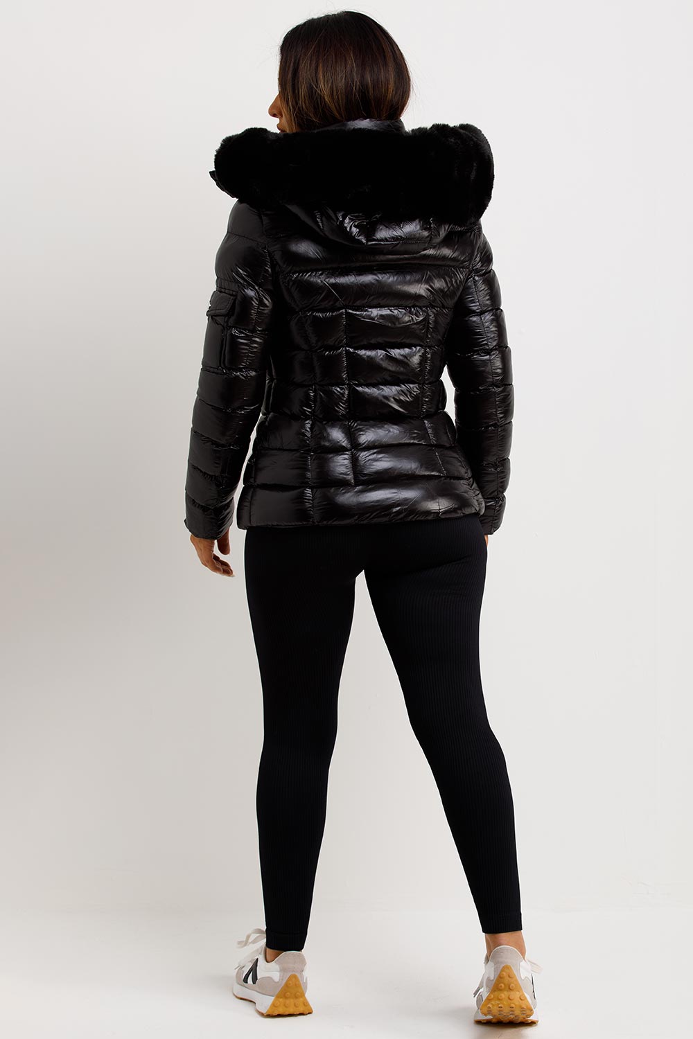 shiny padded puffer jacket with fur hood black