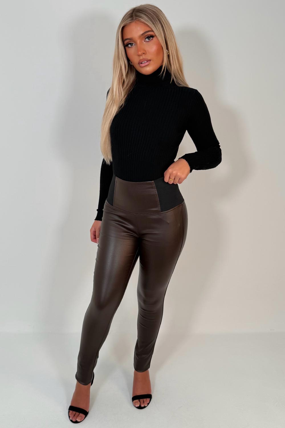 womens brown faux leather tummy control leggings uk