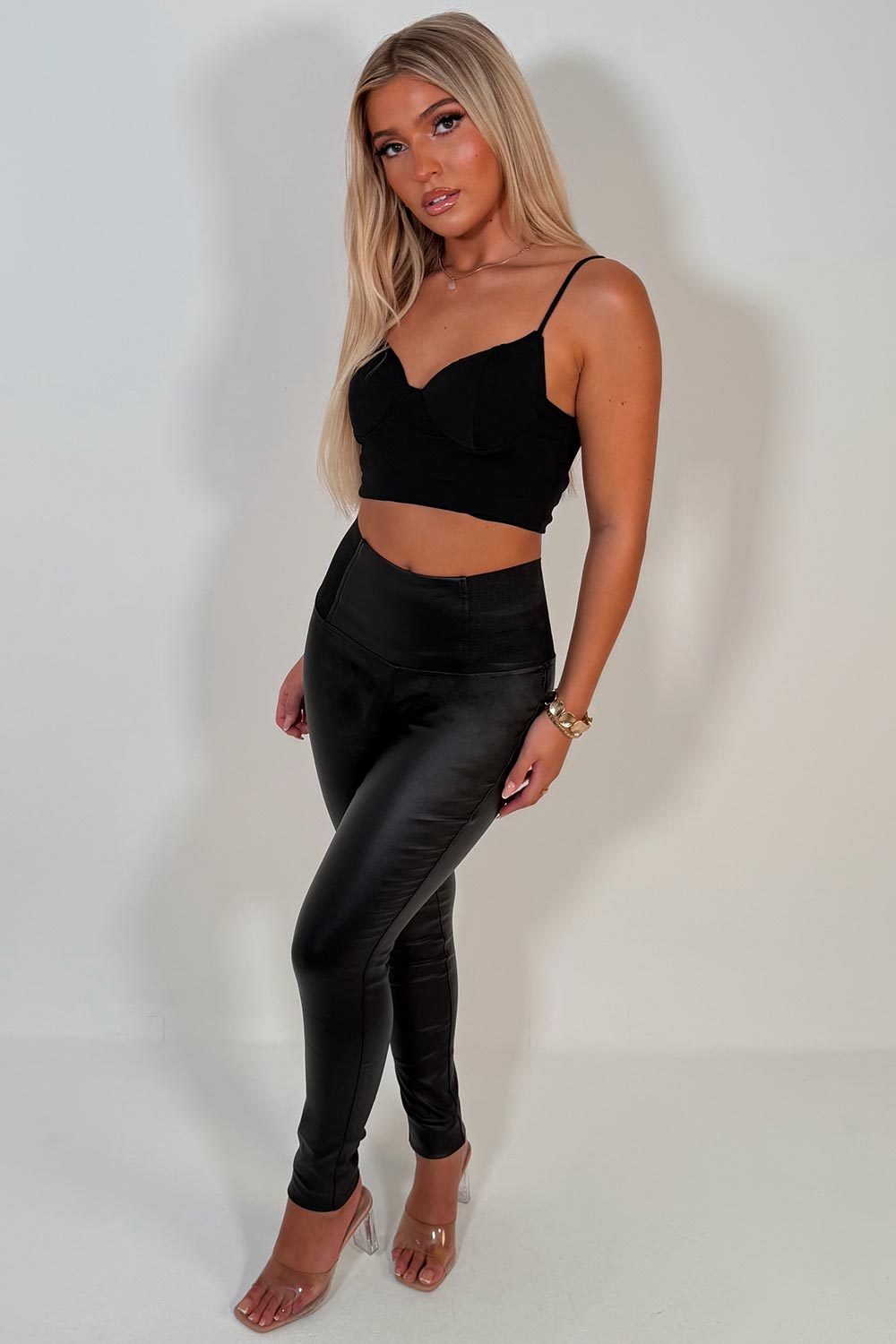 black leather look high waist leggings contouring tummy control shape wear uk