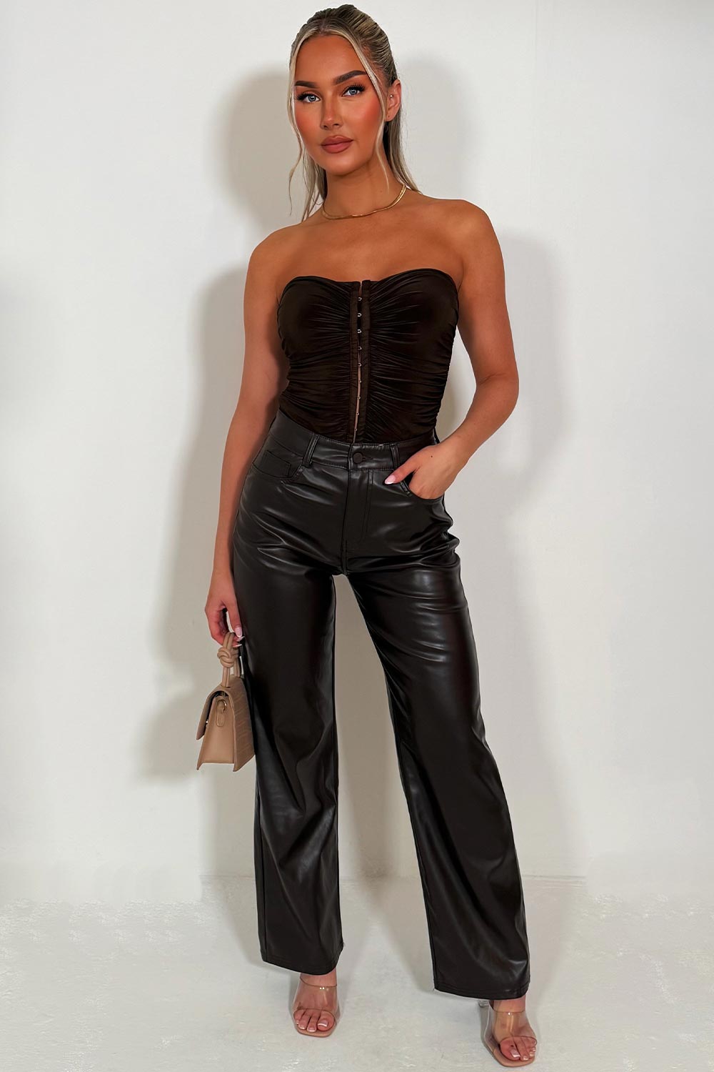 faux leather high waist wide leg jeans zara womens styledup