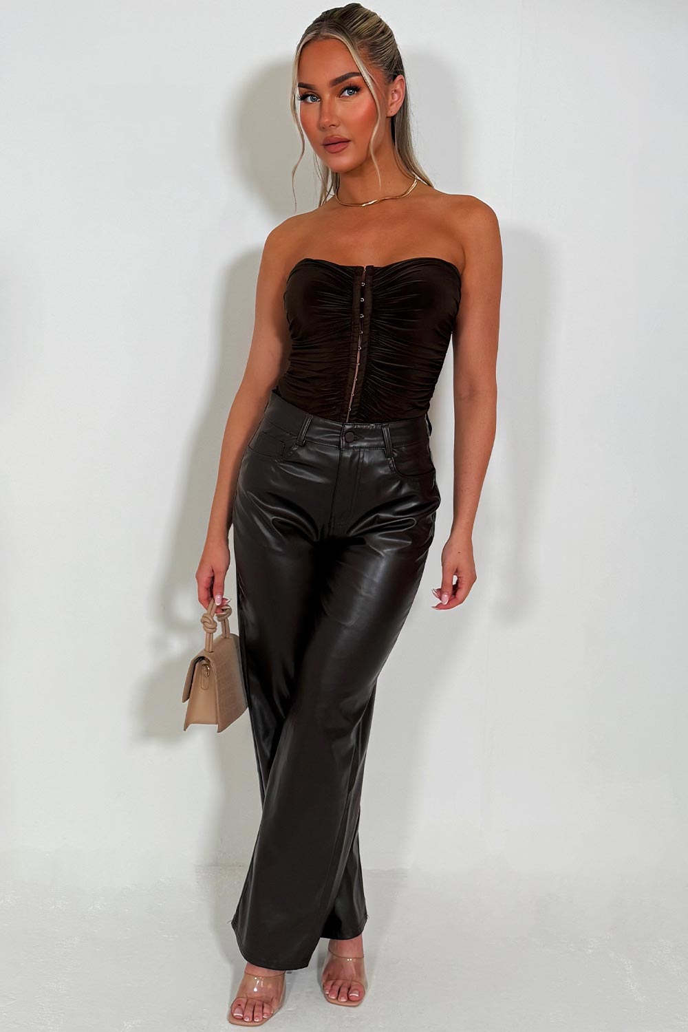 wide leg high waist womens faux leather jeans brown styledup