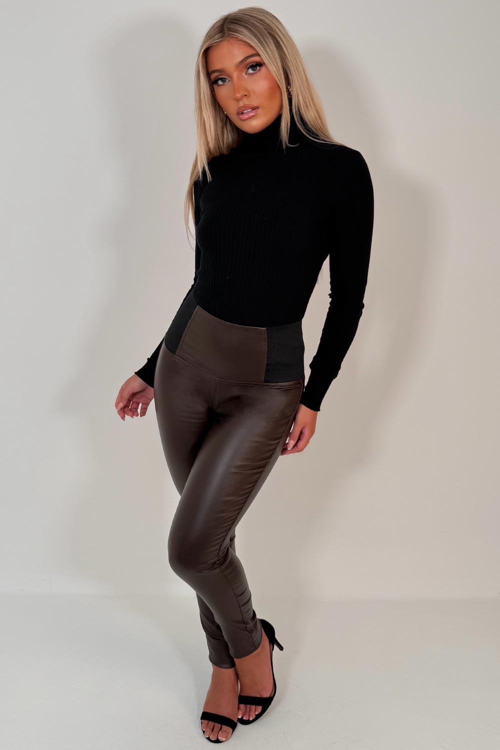 womens brown high waist tummy control faux leather leggings uk