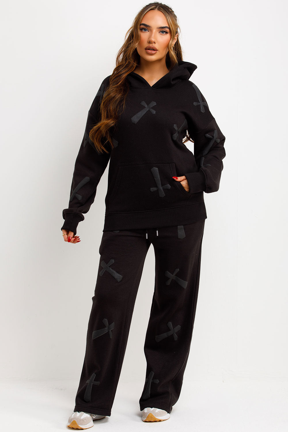 womens loungewear co ord set with bubble puffed up crosses black
