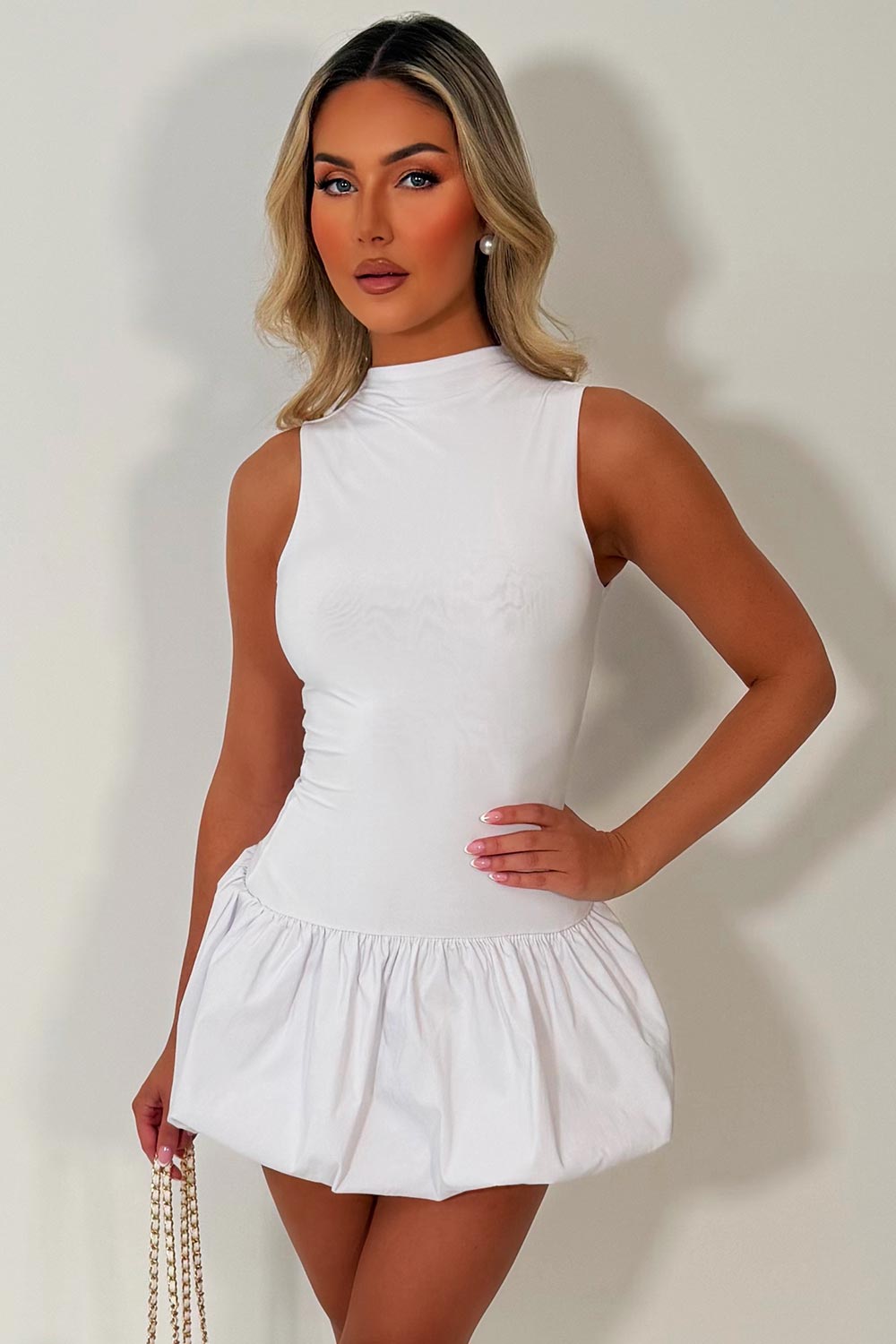 sleeveless puffball mini dress festival date night outfit white styledup